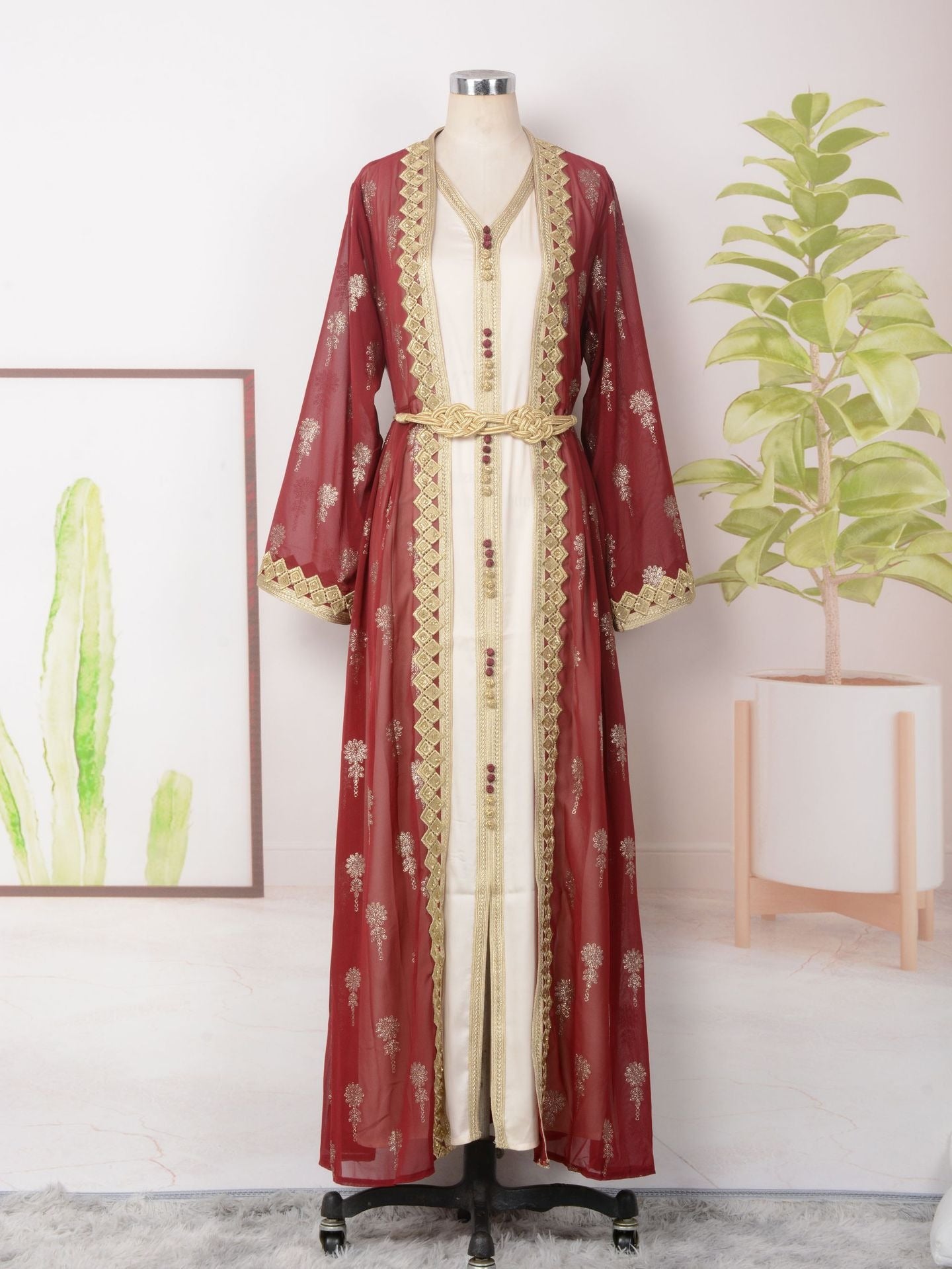 MH127 Embroidered Two Piece Abaya Set – Luxury Open Front Cardigan Abaya Dress for Eid & Formal Wear