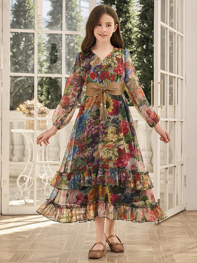 MH136 Girls Floral Print Chiffon Maxi Dress – Lantern Sleeve Modest Dress for Girls Ages 8–12