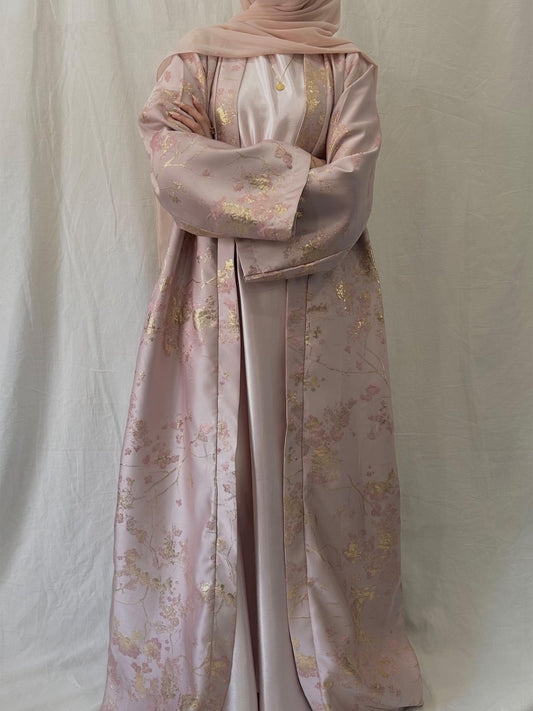 MH98 Sakura Pink Kimono Abaya – Embroidered Eid Abaya with Golden Details（Ship right away））