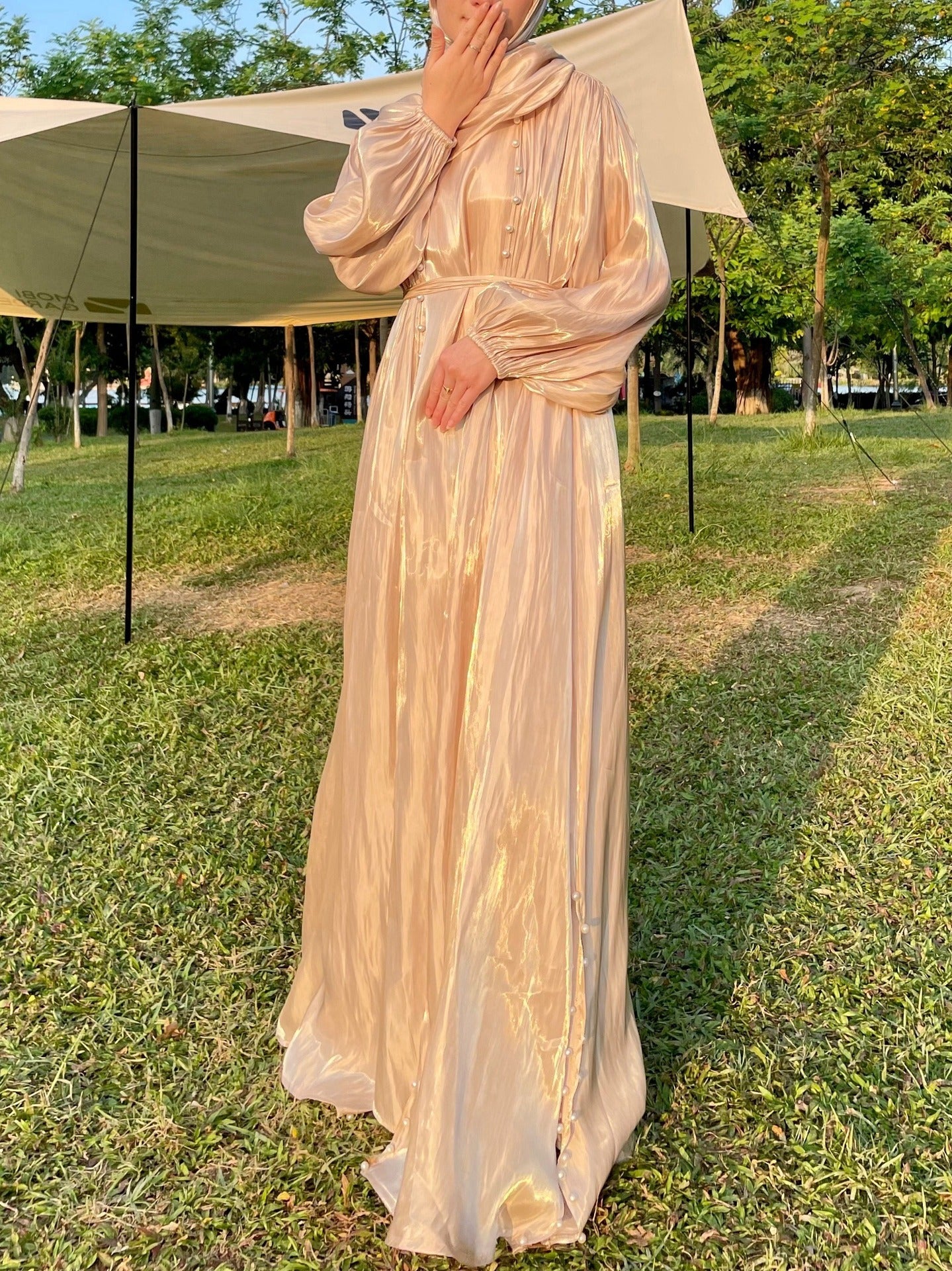 MH120 | Silk Chiffon Modest Set with Hijab, Inner & Outer Skirt + Pearl Belt | ⚠️ Transparent Sleeves