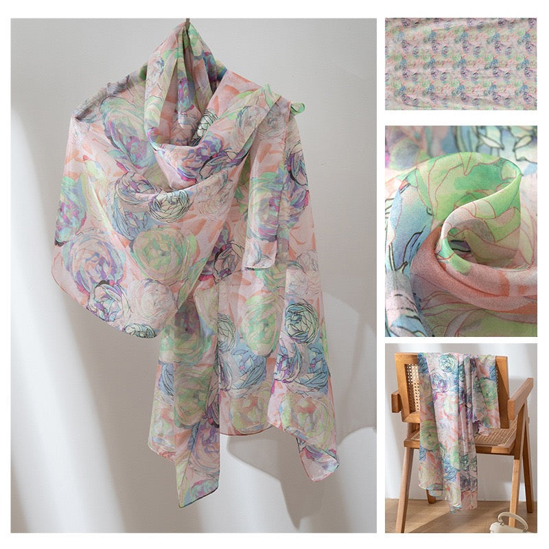 Diamond Pink Rose Mulberry Silk Scarf - Luxury Print Shawl | Premium Gift