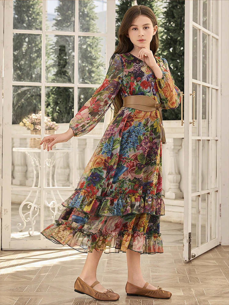 MH136 Girls Floral Print Chiffon Maxi Dress – Lantern Sleeve Modest Dress for Girls Ages 8–12