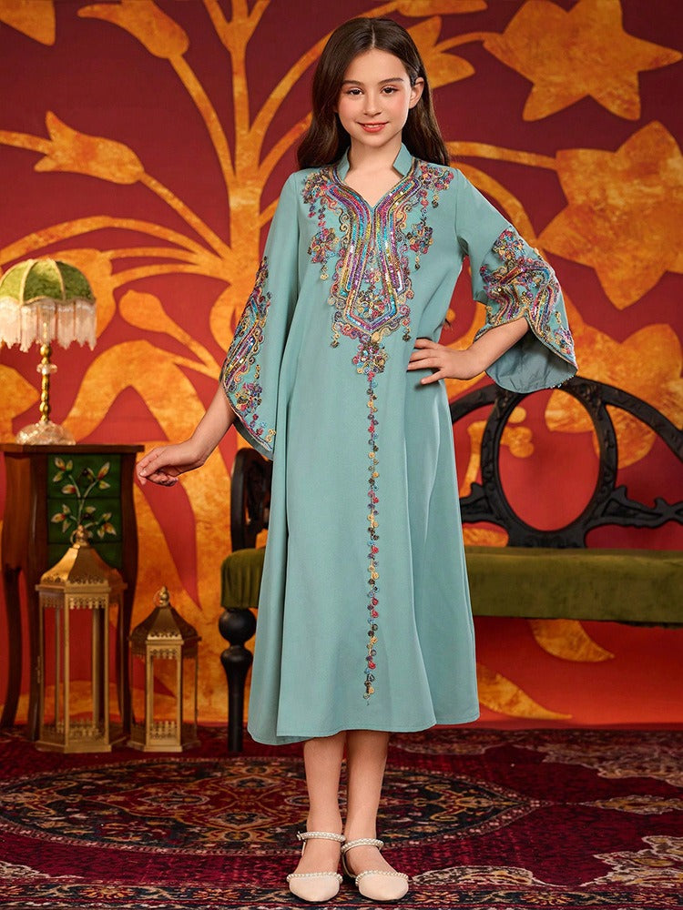 MH139 Girls Embroidered Maxi Robe Dress – Flare Sleeve Modest Eid Dress for Girls Ages 8–12