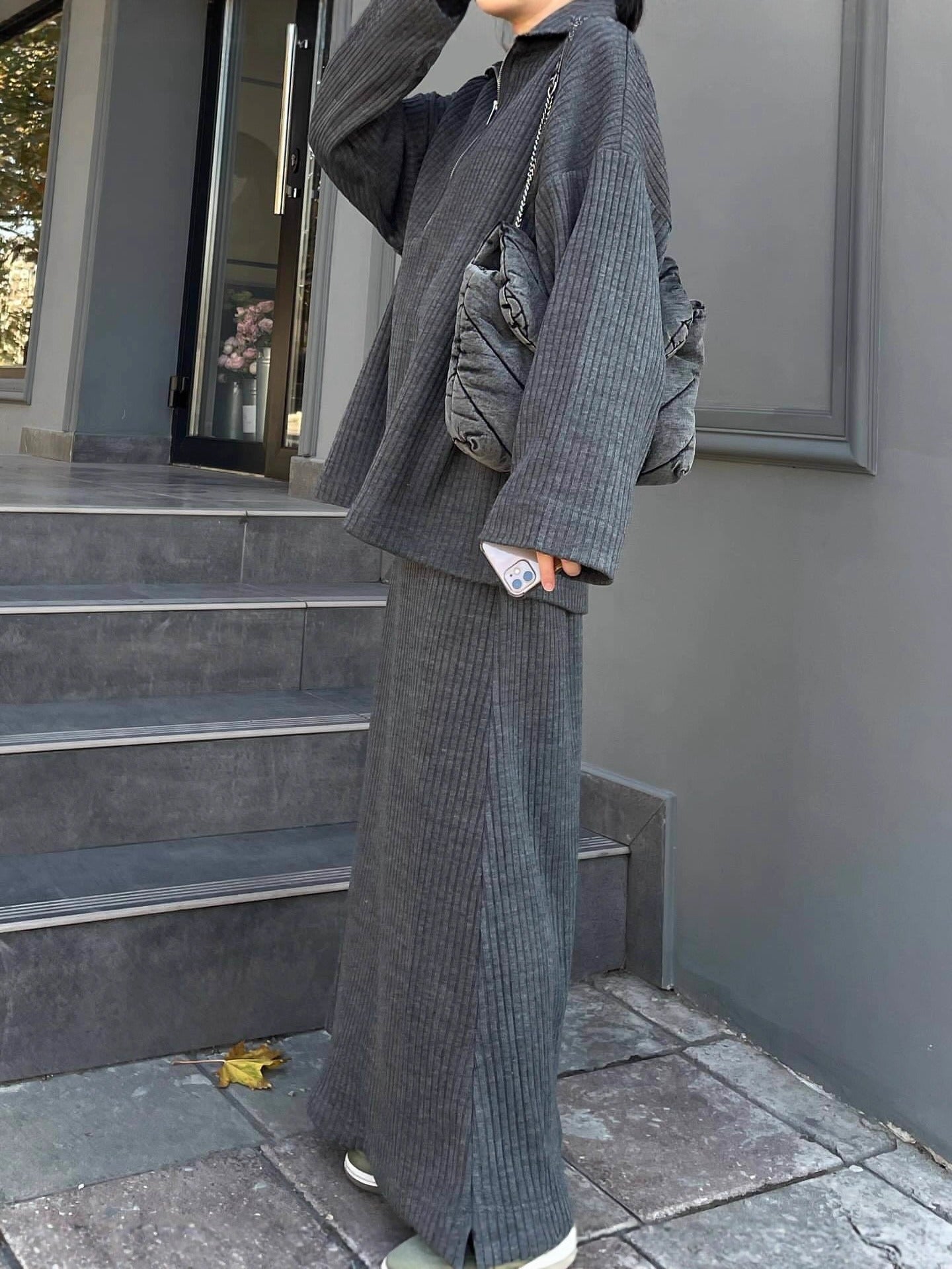 MH128 Women's Oversized Half Zip Knit Set – High Neck Sweater and Long Skirt Modest Matching Outfit