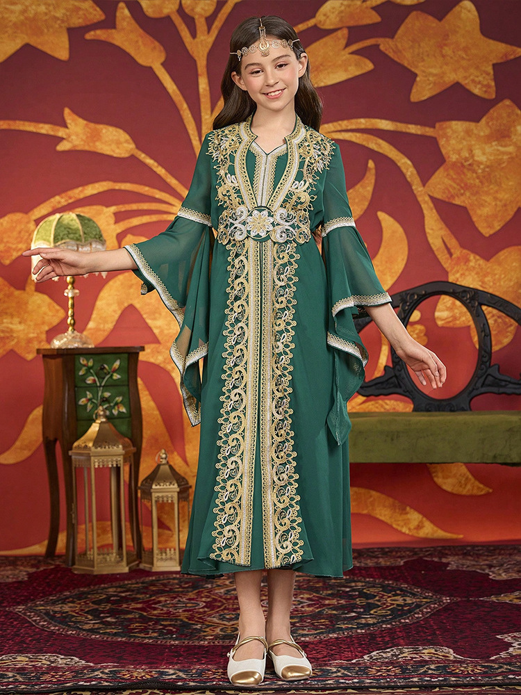 MH141 Girls Chiffon Maxi Dress with Flare Sleeves – Modest Festival Dress for Girls Ages 8–12
