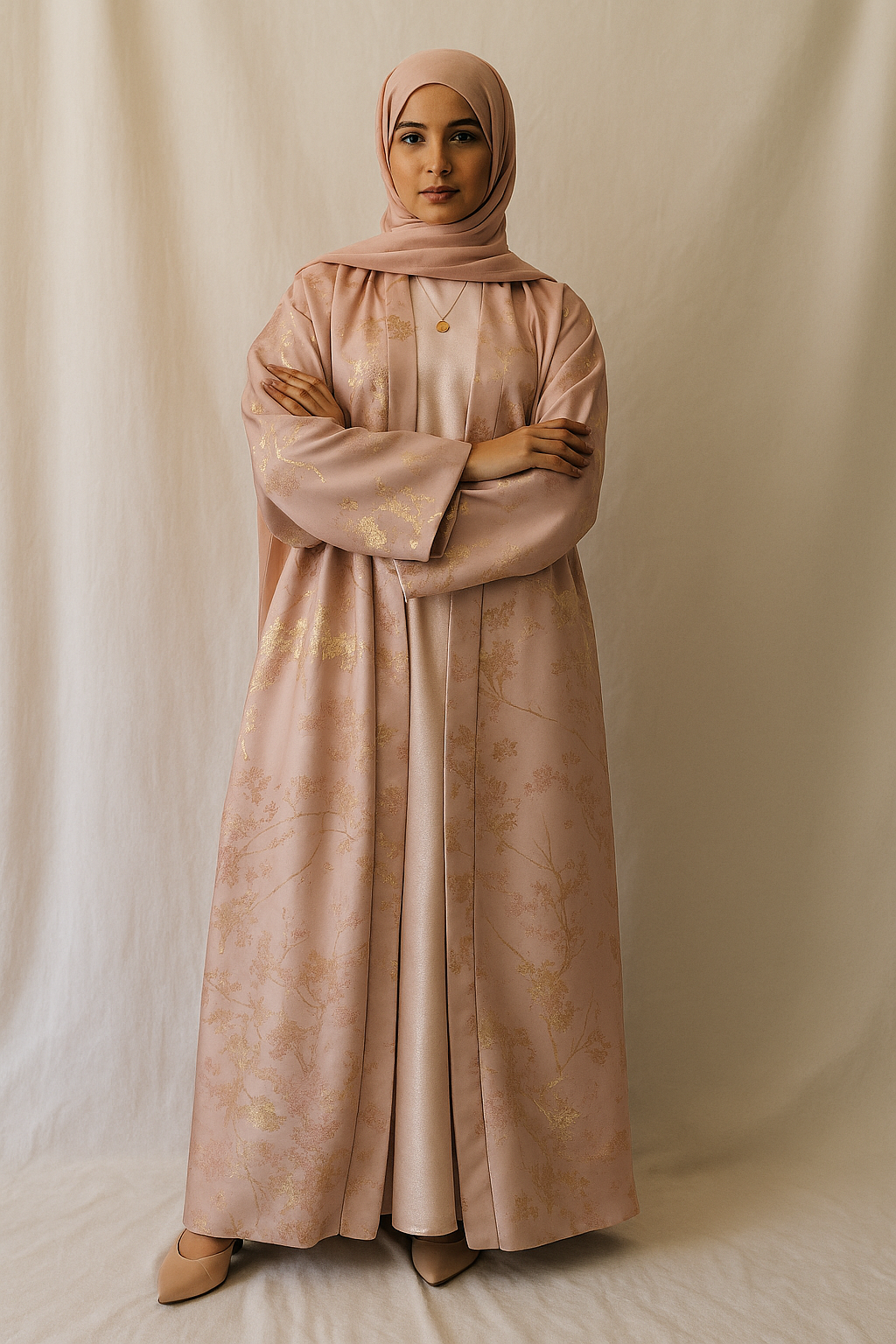 MH98 Sakura Pink Kimono Abaya – Embroidered Eid Abaya with Golden Details