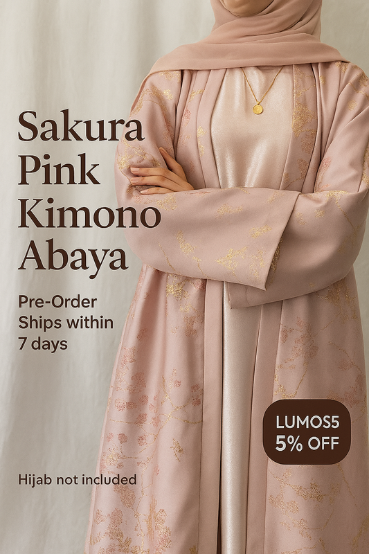 MH98 Sakura Pink Kimono Abaya – Embroidered Eid Abaya with Golden Details