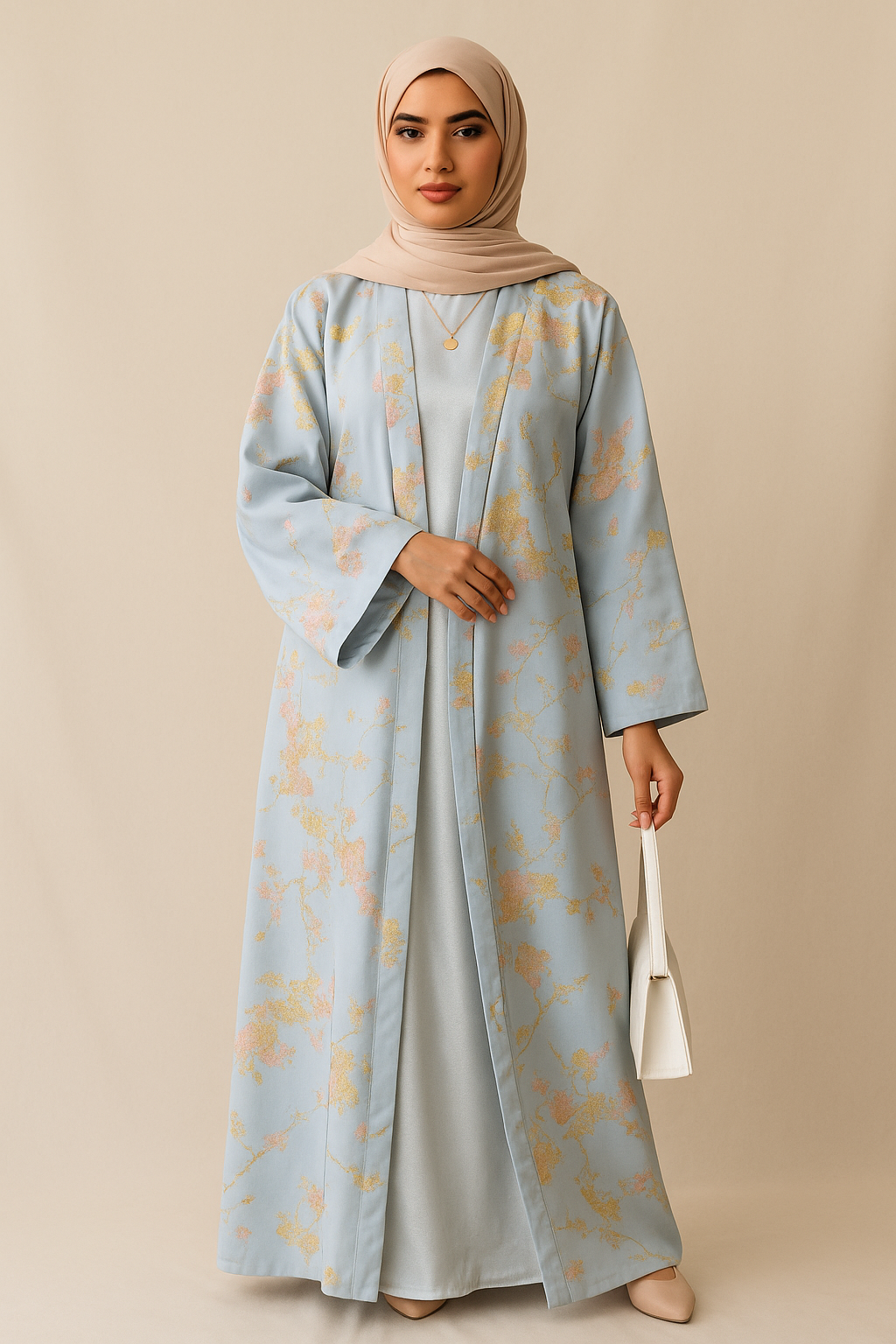 MH98 Sakura Pink Kimono Abaya – Embroidered Eid Abaya with Golden Details