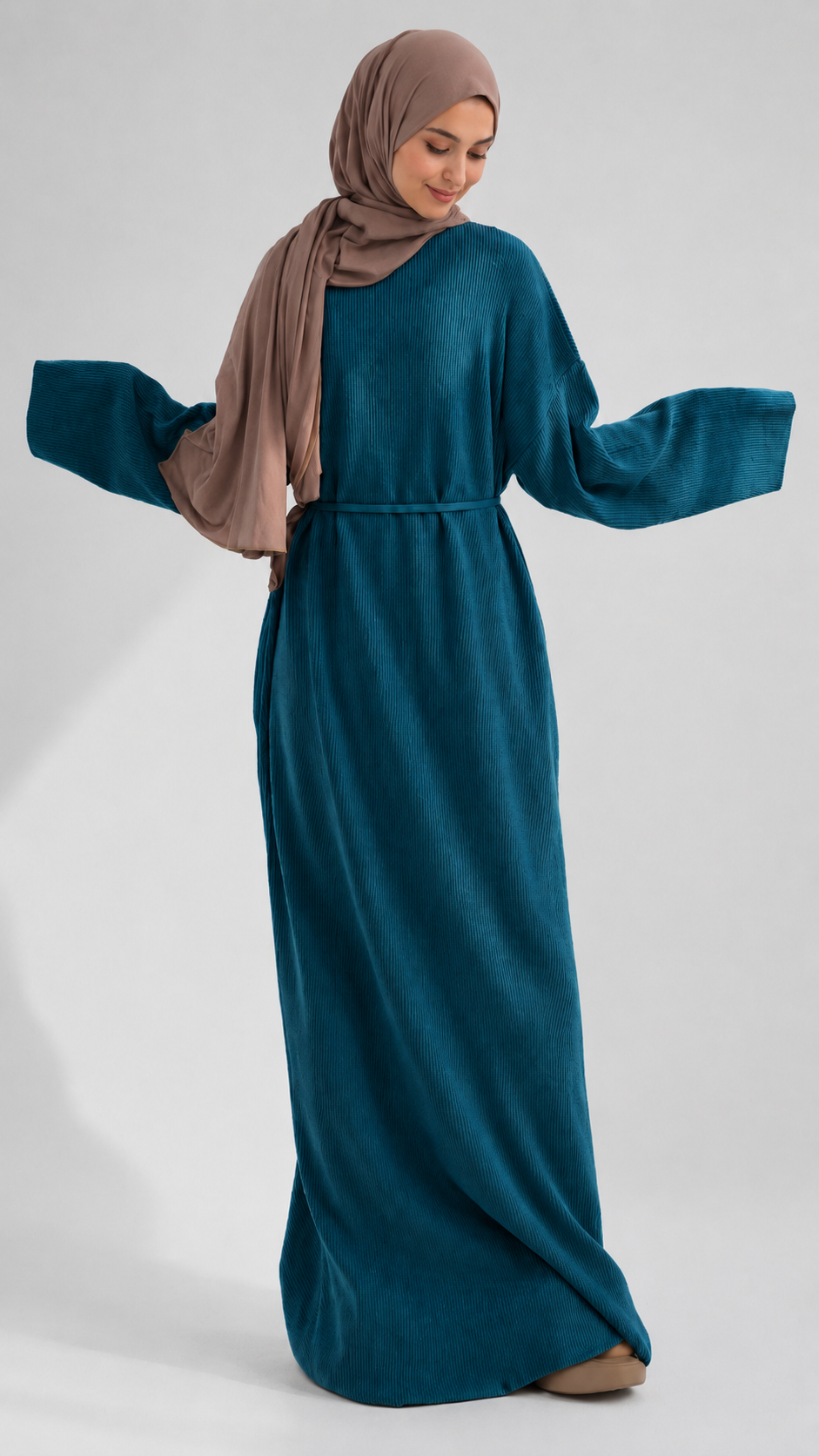 MH76 Winter Abaya for Women – Ribbed, Belted, Long Sleeve Modest Islamic Dress