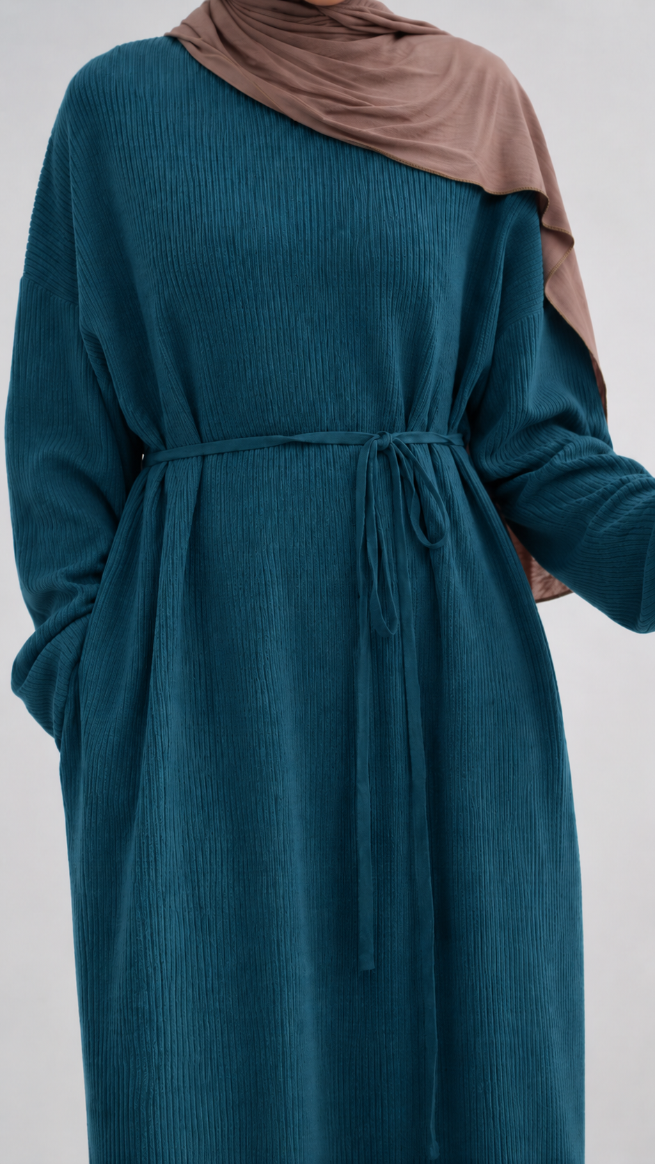 MH76 Winter Abaya for Women – Ribbed, Belted, Long Sleeve Modest Islamic Dress