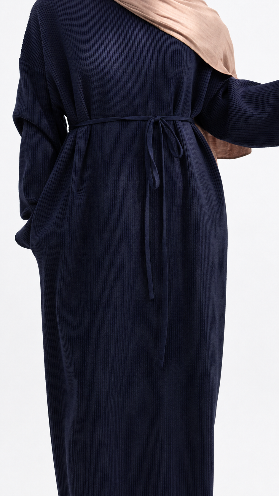 MH76 Winter Abaya for Women – Ribbed, Belted, Long Sleeve Modest Islamic Dress
