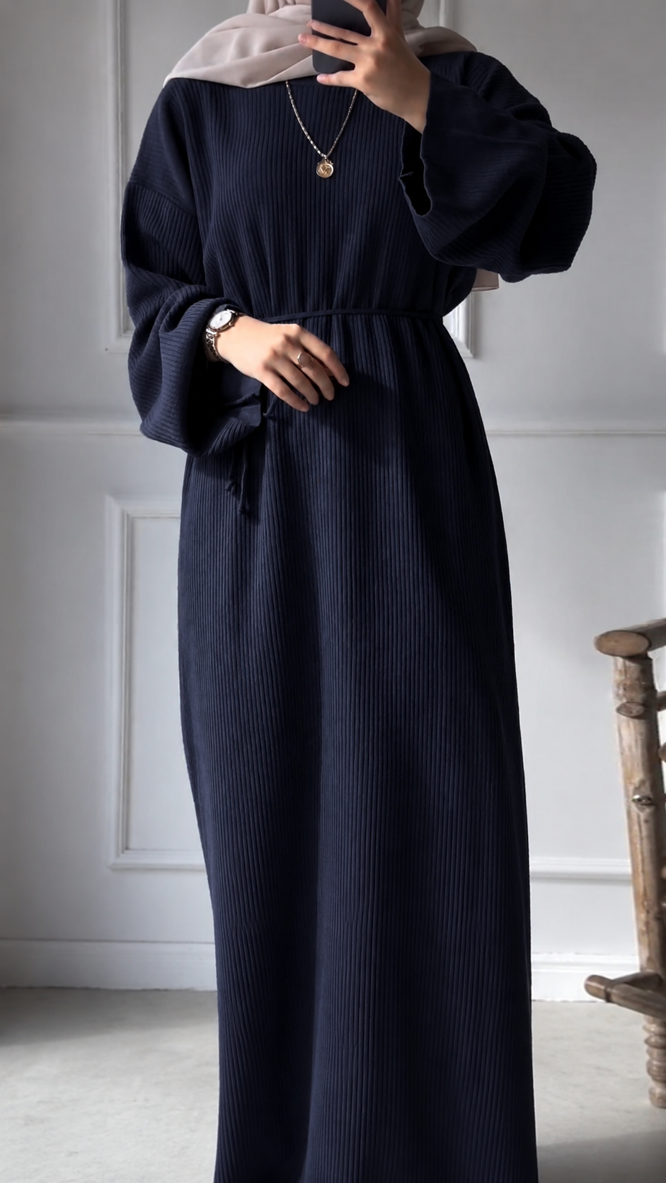MH76 Winter Abaya for Women – Ribbed, Belted, Long Sleeve Modest Islamic Dress