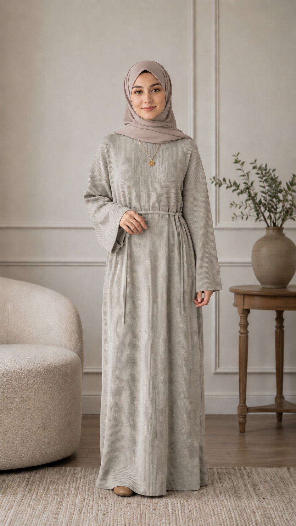 MH76 Winter Abaya for Women – Ribbed, Belted, Long Sleeve Modest Islamic Dress