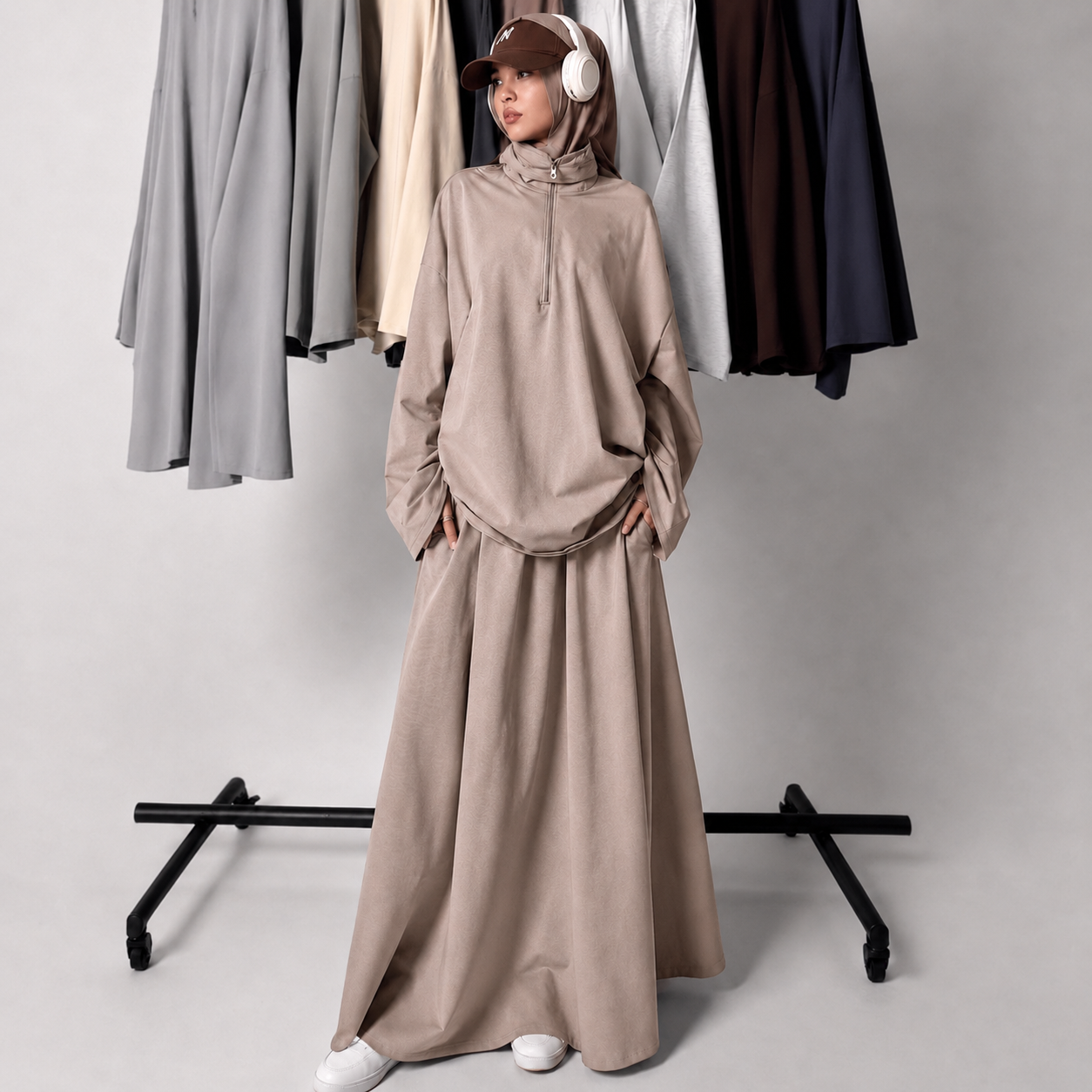 MH126 Modest Half-Zip Top and Maxi Skirt Set – Loose Casual Two Piece Outfit