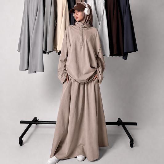MH126 Modest Half-Zip Top and Maxi Skirt Set – Loose Casual Two Piece Outfit