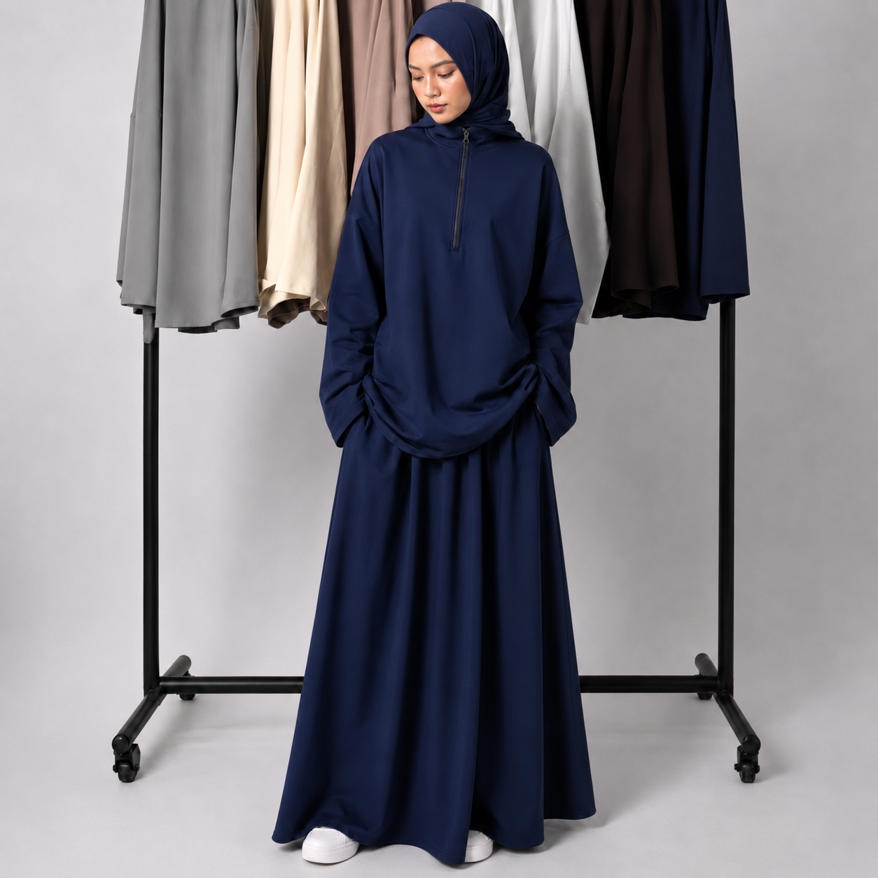 MH126 Modest Half-Zip Top and Maxi Skirt Set – Loose Casual Two Piece Outfit