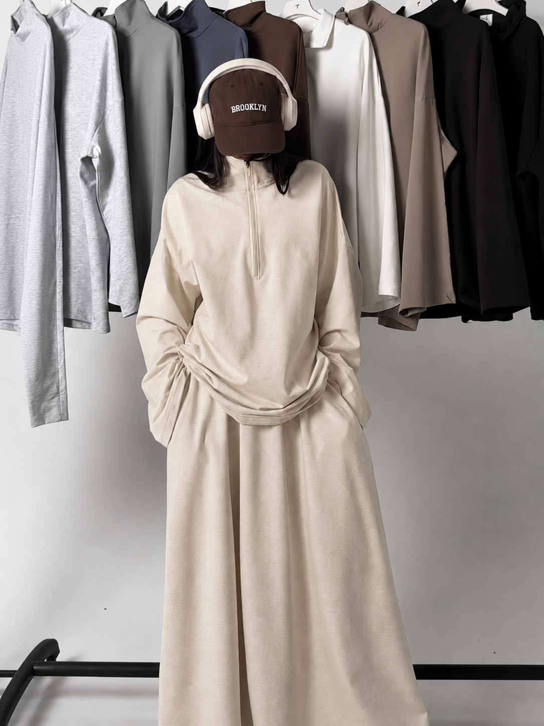 MH126 Modest Half-Zip Top and Maxi Skirt Set – Loose Casual Two Piece Outfit