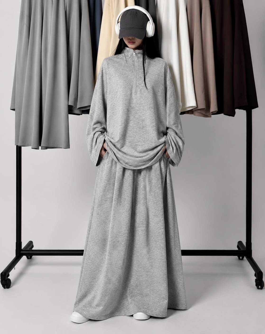 MH126 Modest Half-Zip Top and Maxi Skirt Set – Loose Casual Two Piece Outfit