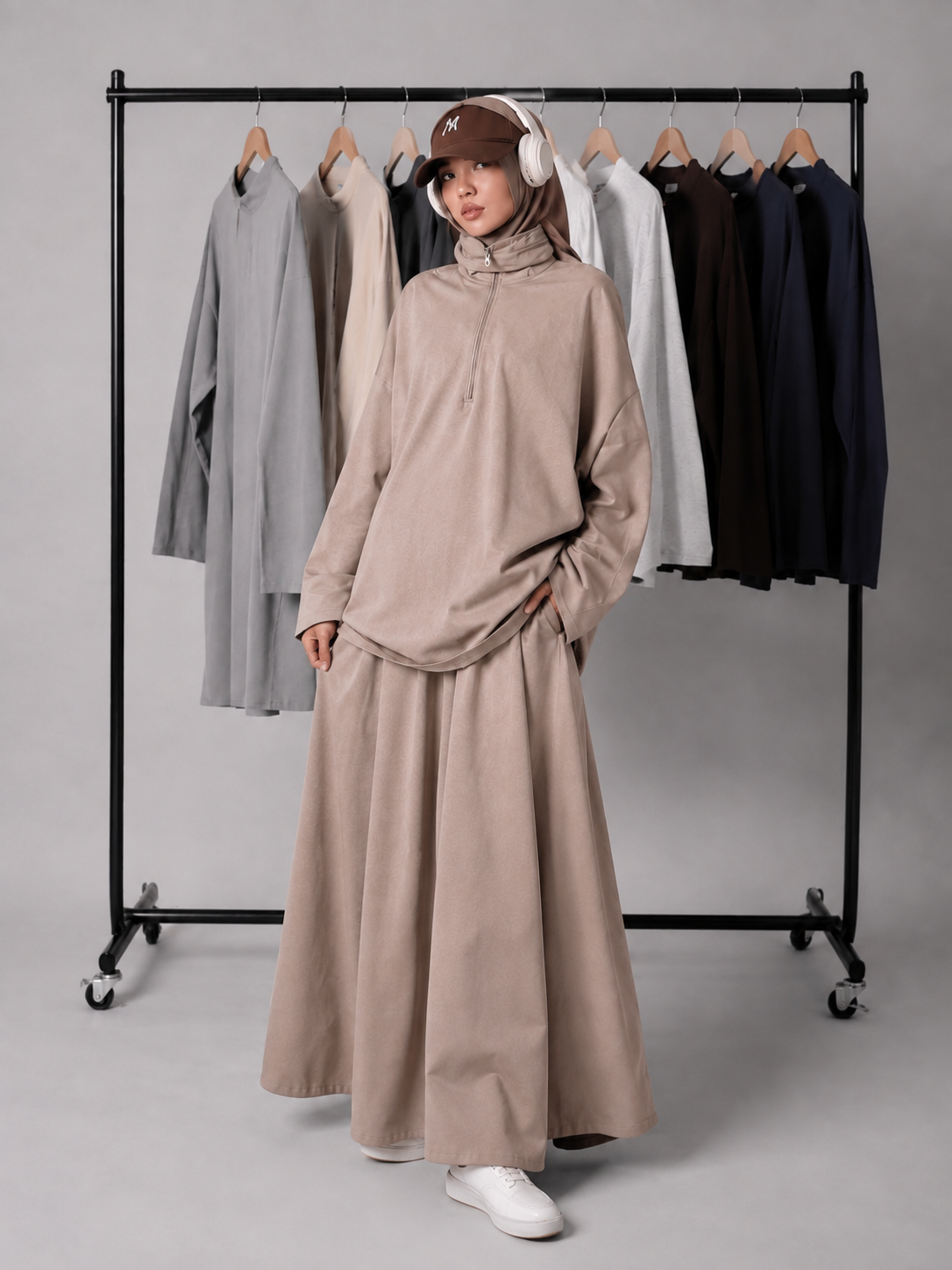 MH126 Modest Half-Zip Top and Maxi Skirt Set – Loose Casual Two Piece Outfit