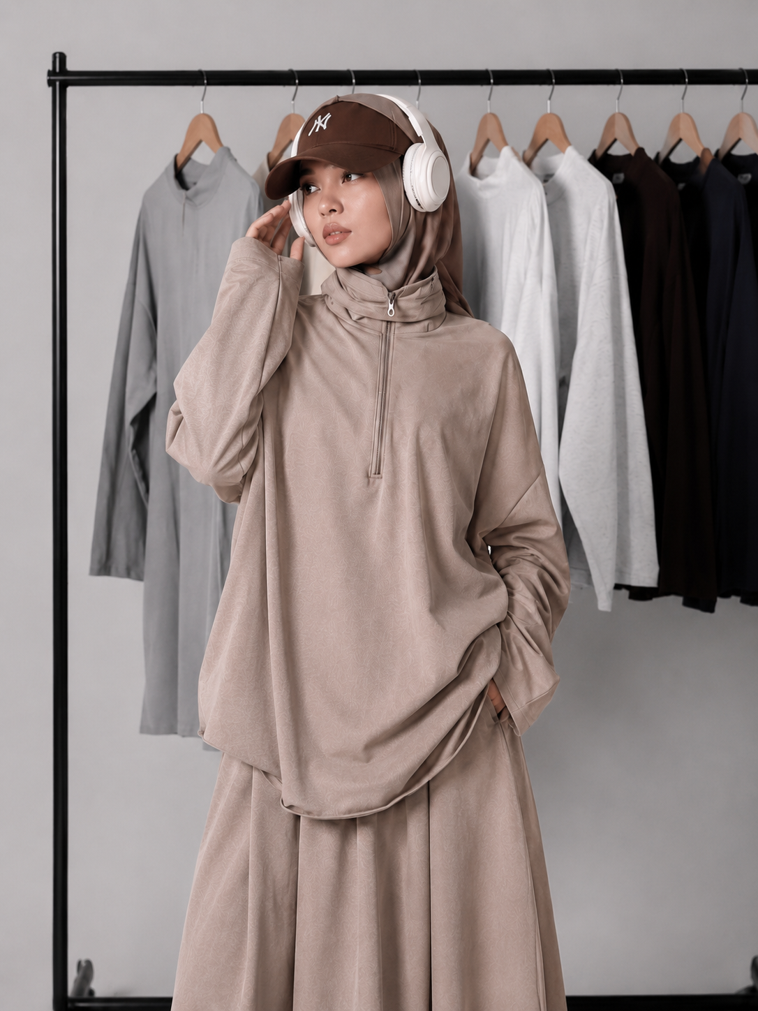 MH126 Modest Half-Zip Top and Maxi Skirt Set – Loose Casual Two Piece Outfit