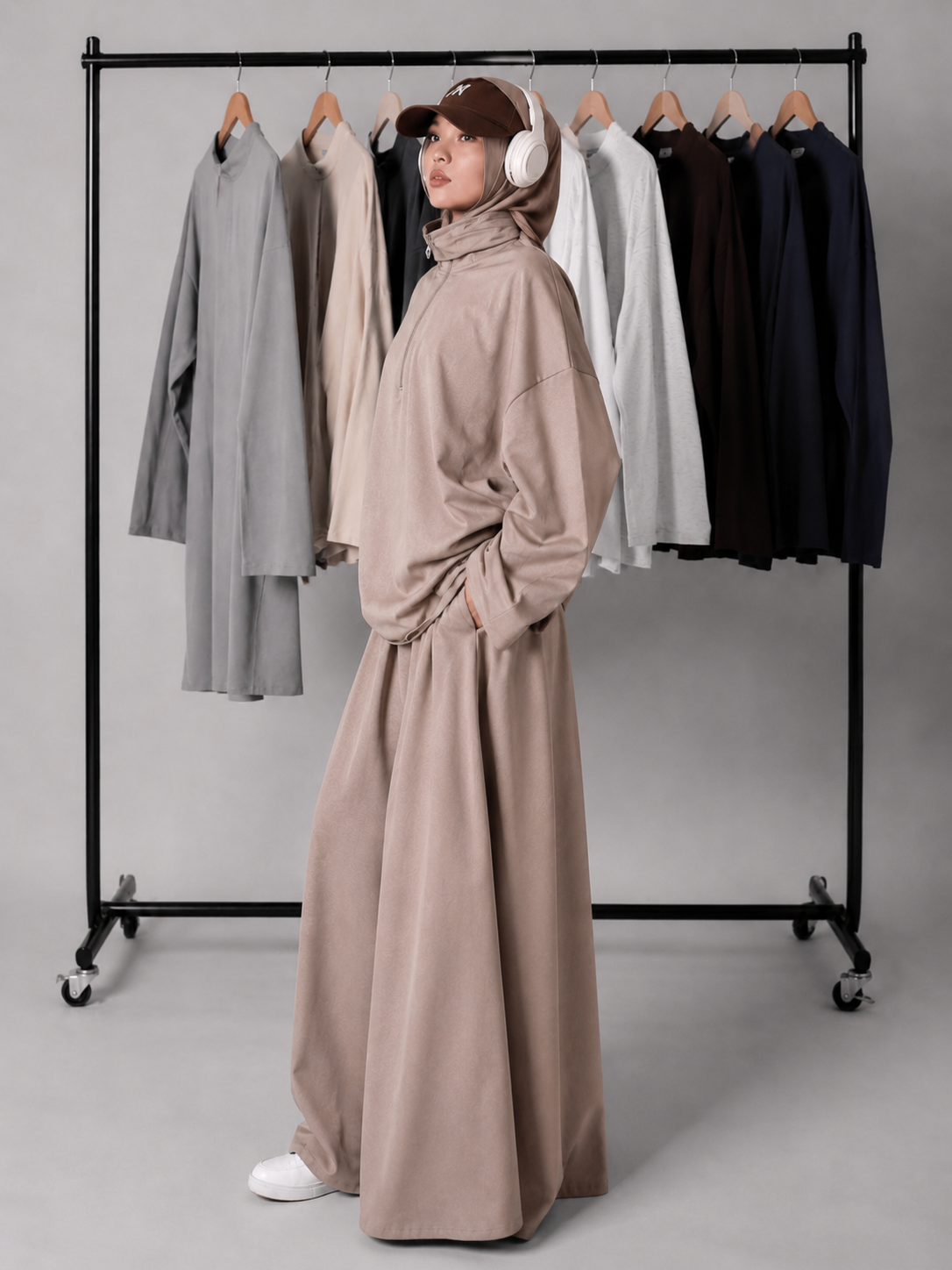 MH126 Modest Half-Zip Top and Maxi Skirt Set – Loose Casual Two Piece Outfit