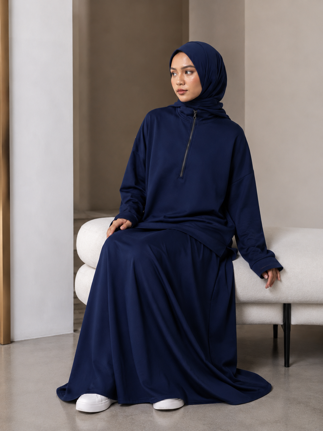 MH126 Modest Half-Zip Top and Maxi Skirt Set – Loose Casual Two Piece Outfit