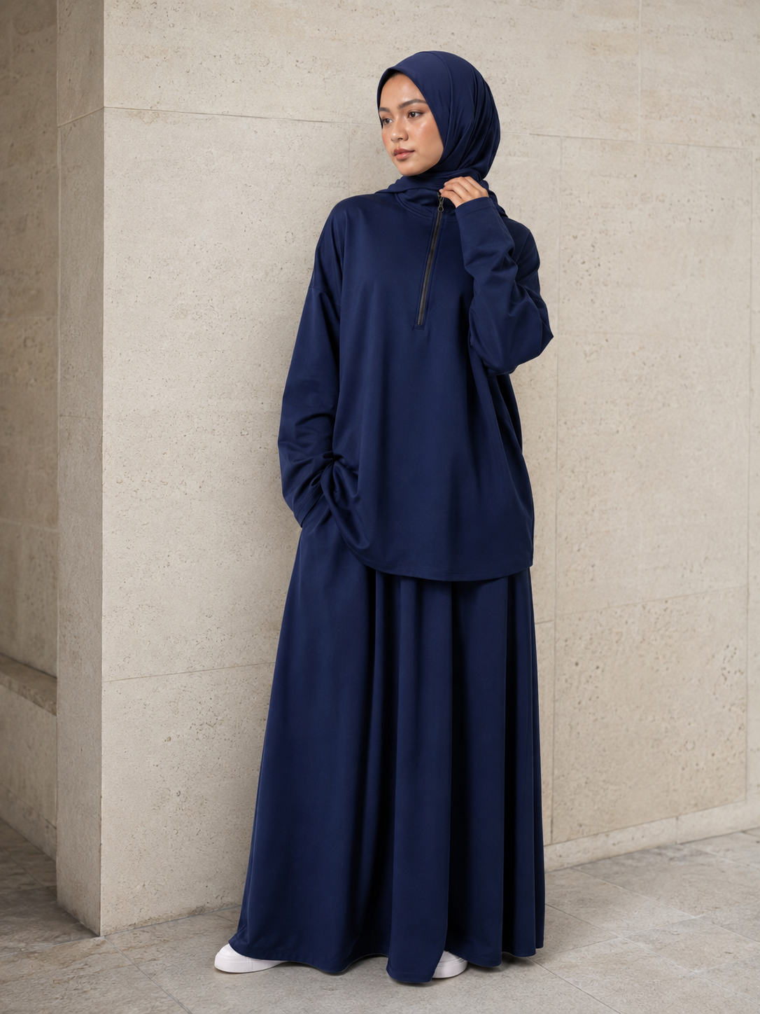 MH126 Modest Half-Zip Top and Maxi Skirt Set – Loose Casual Two Piece Outfit