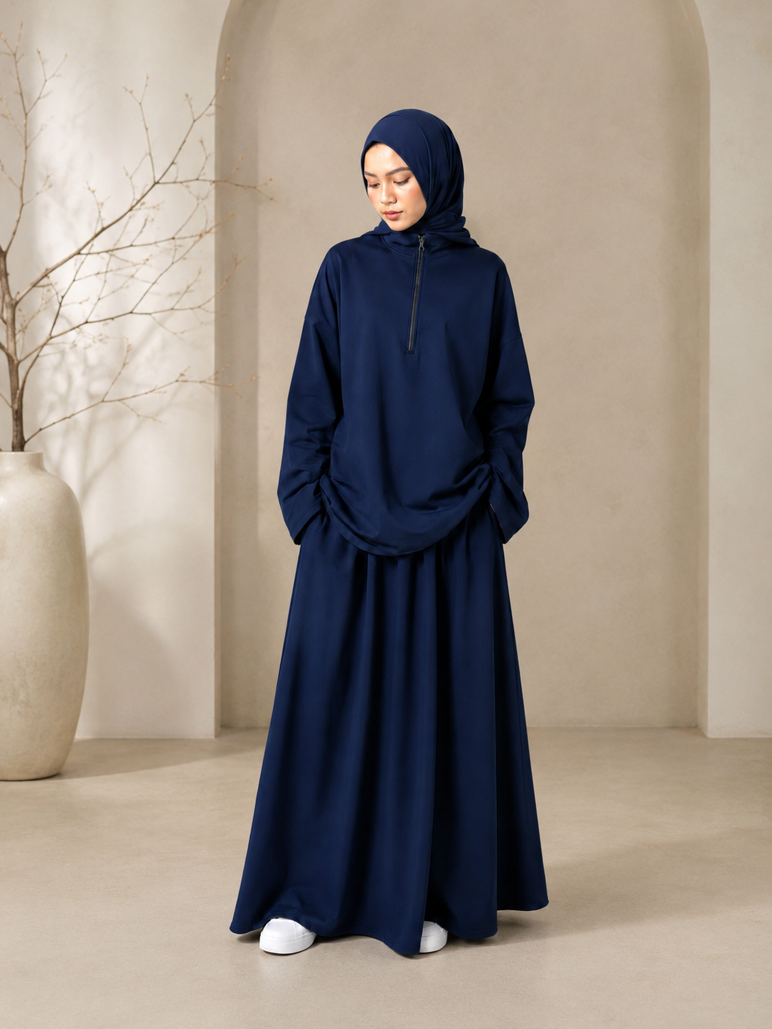 MH126 Modest Half-Zip Top and Maxi Skirt Set – Loose Casual Two Piece Outfit
