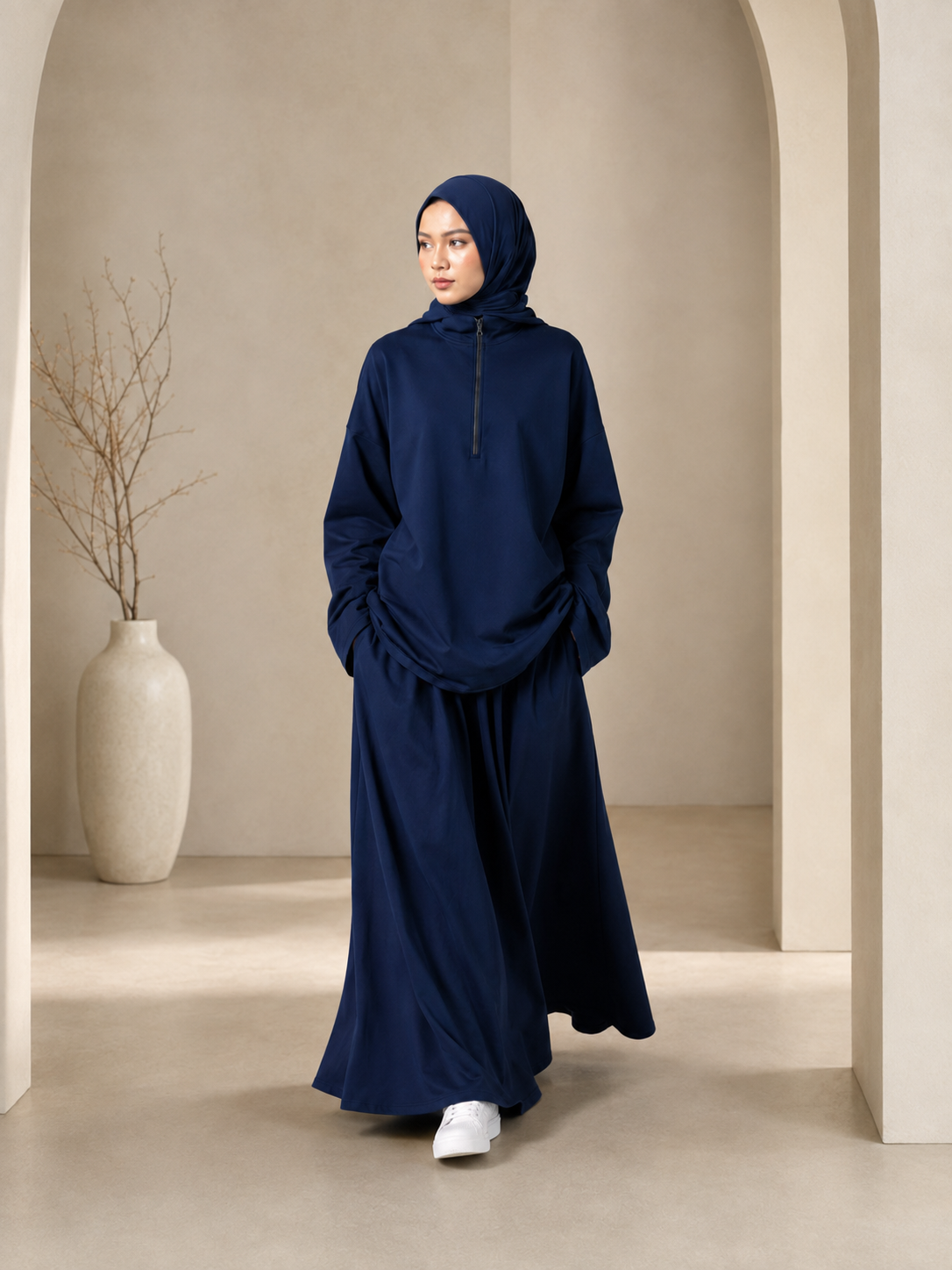 MH126 Modest Half-Zip Top and Maxi Skirt Set – Loose Casual Two Piece Outfit