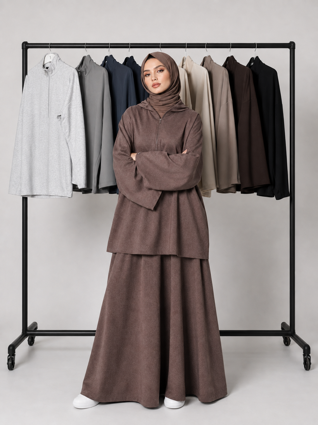 MH126 Modest Half-Zip Top and Maxi Skirt Set – Loose Casual Two Piece Outfit