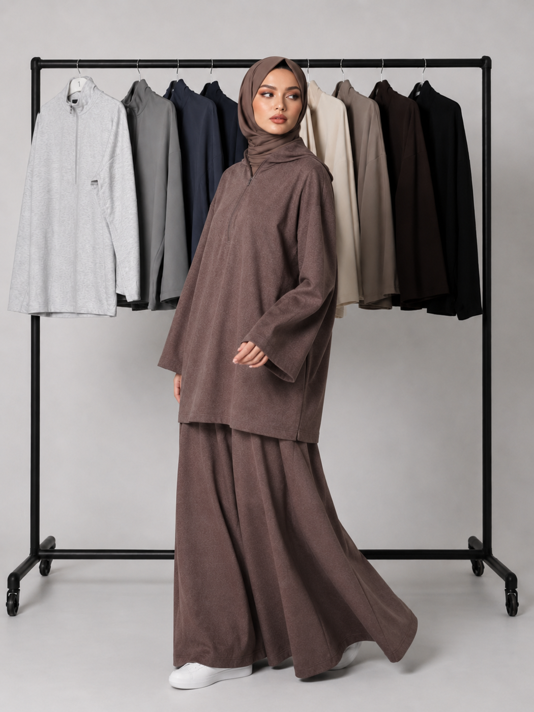 MH126 Modest Half-Zip Top and Maxi Skirt Set – Loose Casual Two Piece Outfit