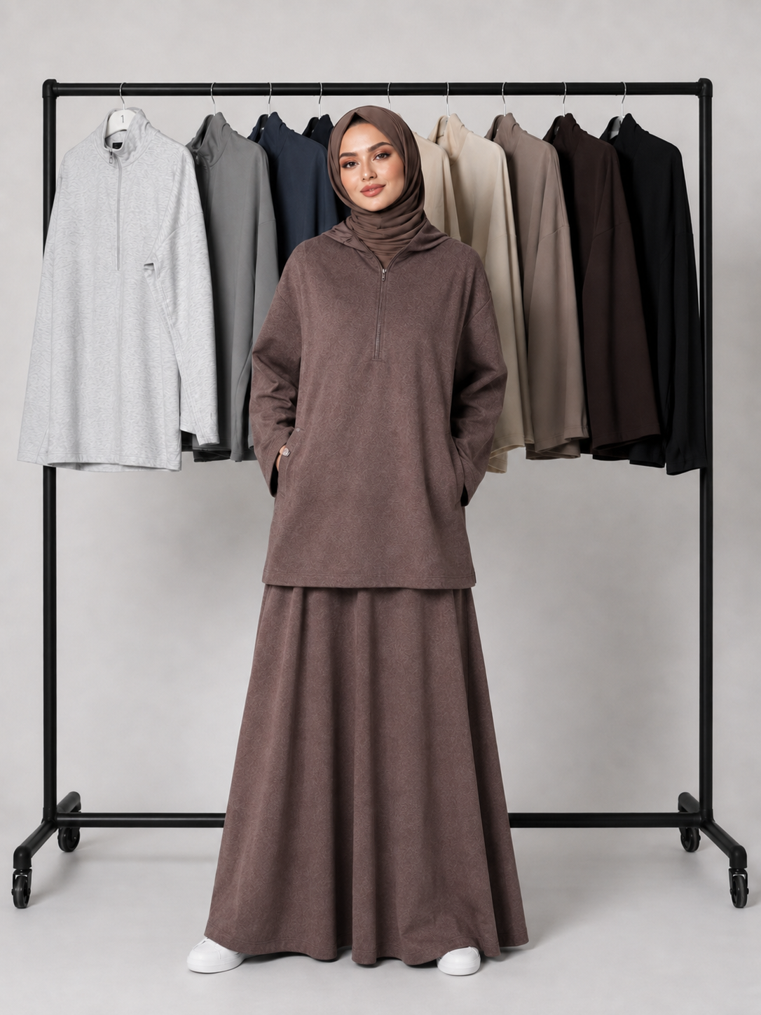 MH126 Modest Half-Zip Top and Maxi Skirt Set – Loose Casual Two Piece Outfit