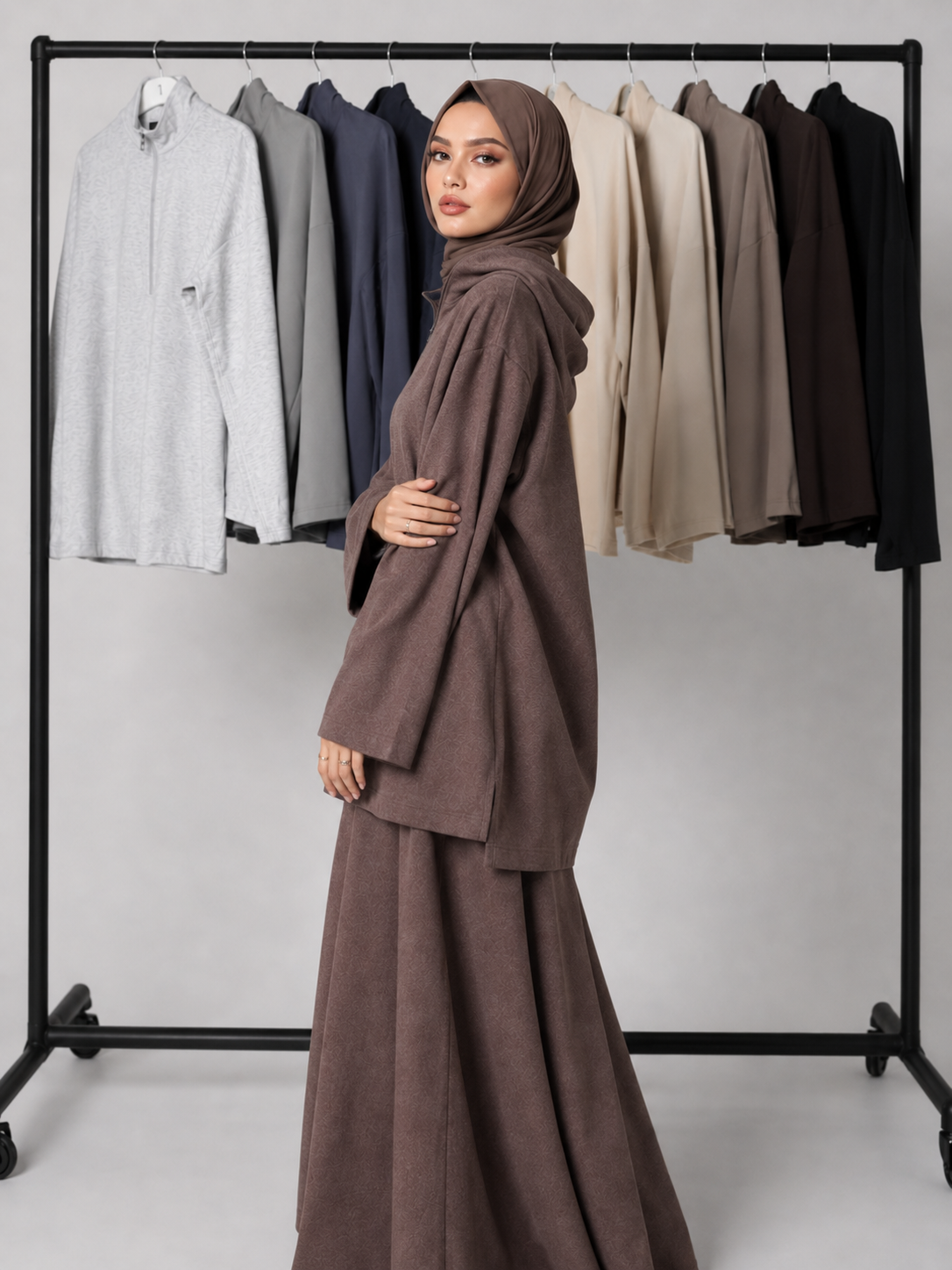 MH126 Modest Half-Zip Top and Maxi Skirt Set – Loose Casual Two Piece Outfit