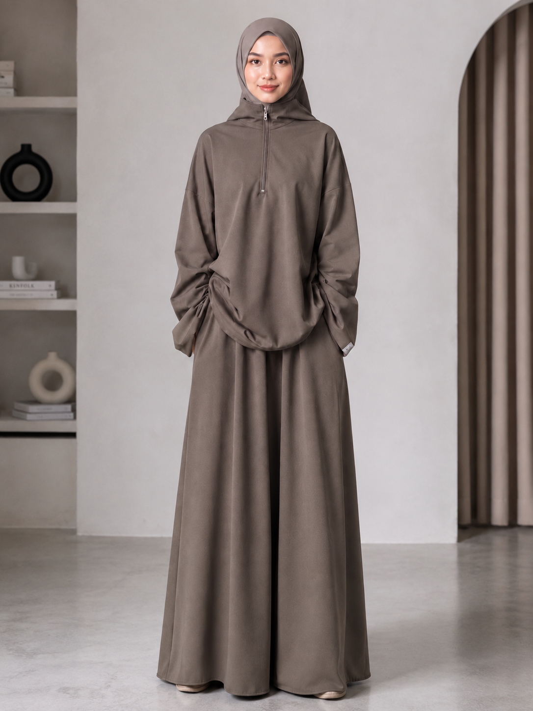 MH126 Modest Half-Zip Top and Maxi Skirt Set – Loose Casual Two Piece Outfit