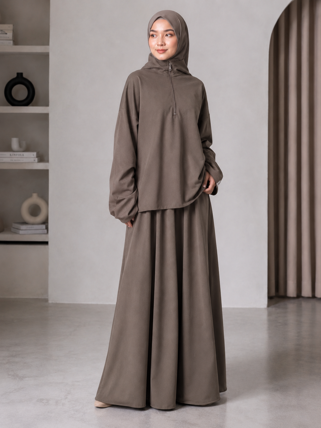 MH126 Modest Half-Zip Top and Maxi Skirt Set – Loose Casual Two Piece Outfit