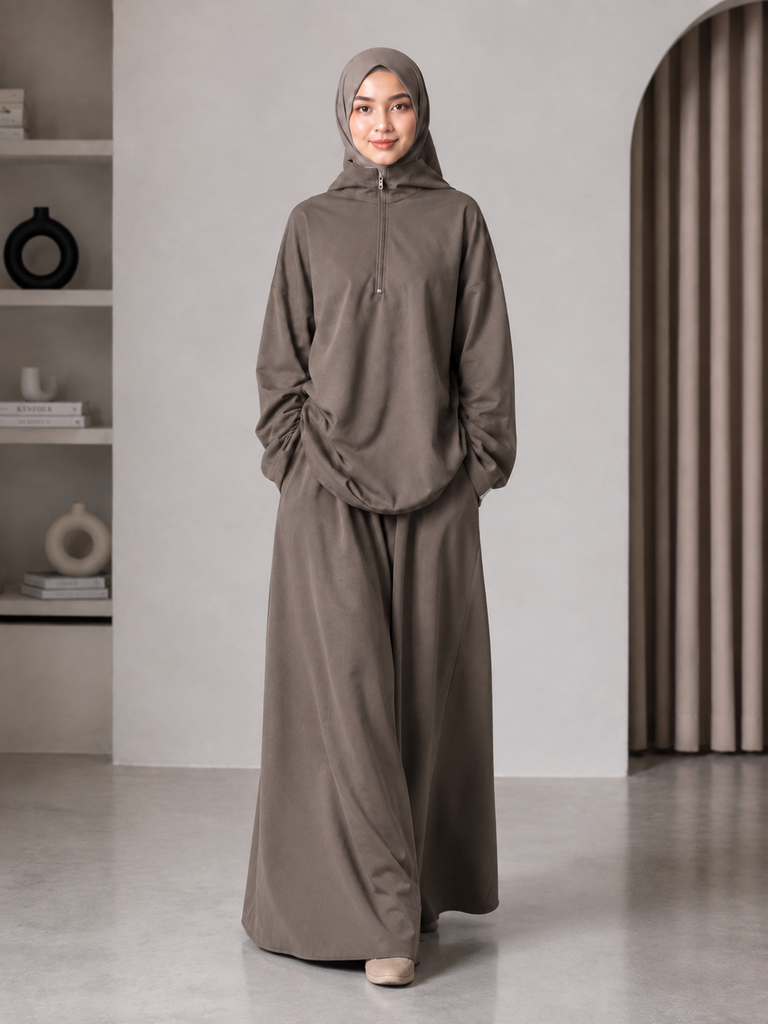 MH126 Modest Half-Zip Top and Maxi Skirt Set – Loose Casual Two Piece Outfit