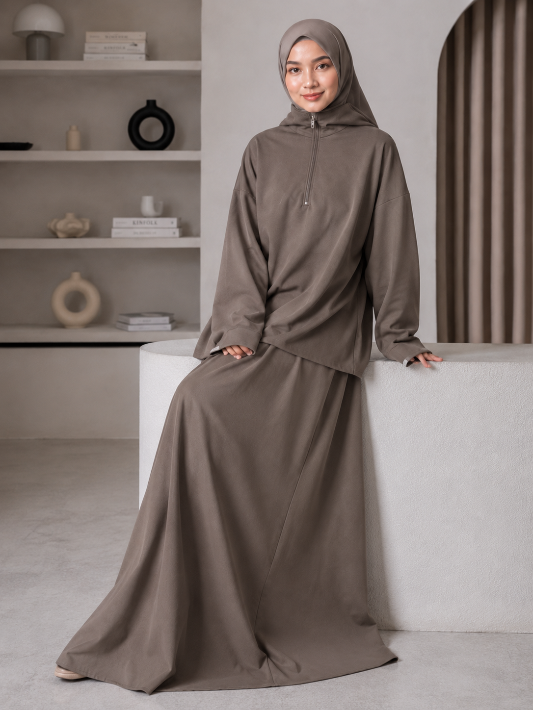 MH126 Modest Half-Zip Top and Maxi Skirt Set – Loose Casual Two Piece Outfit