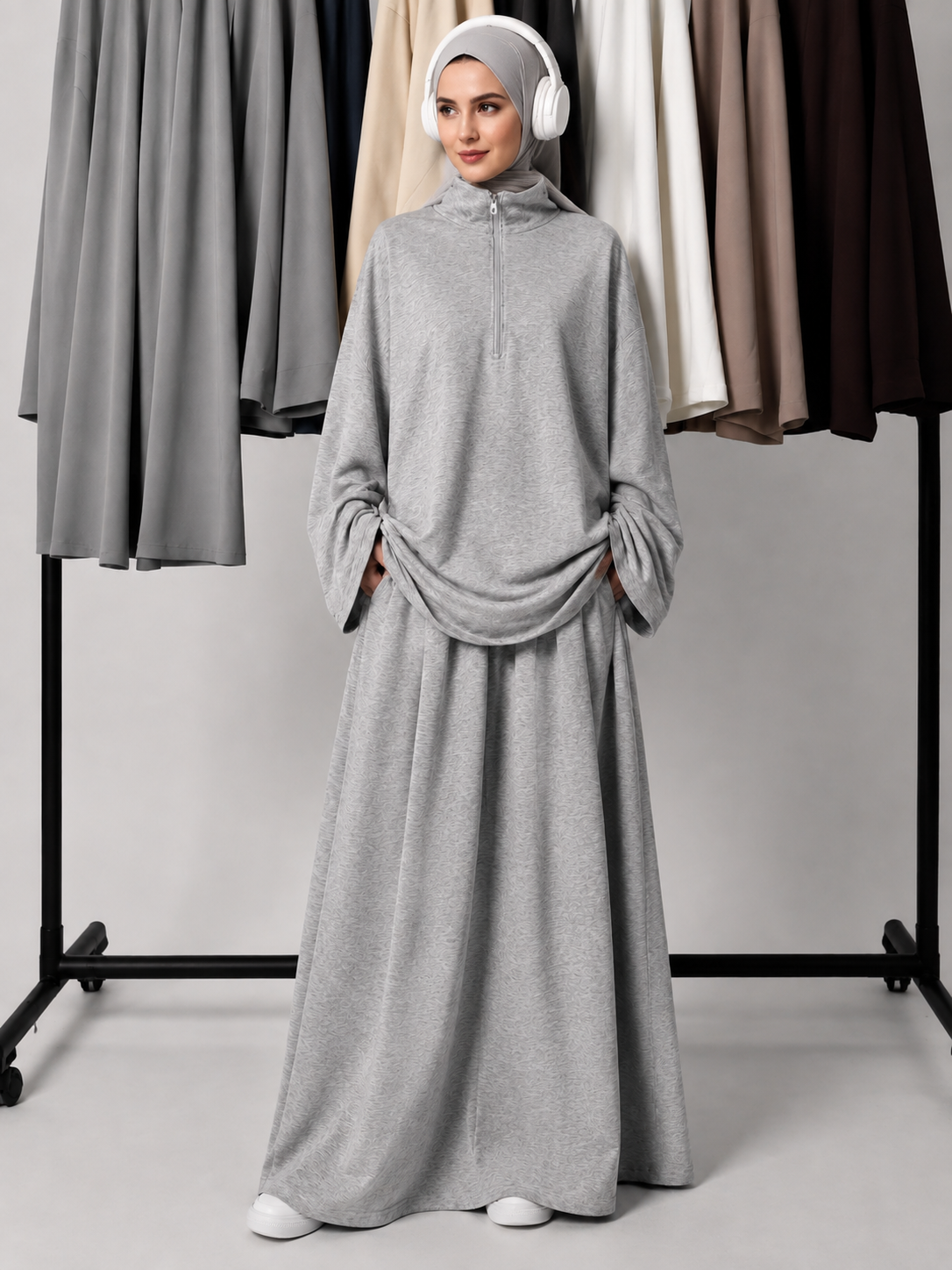 MH126 Modest Half-Zip Top and Maxi Skirt Set – Loose Casual Two Piece Outfit