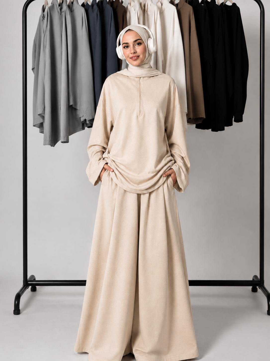 MH126 Modest Half-Zip Top and Maxi Skirt Set – Loose Casual Two Piece Outfit
