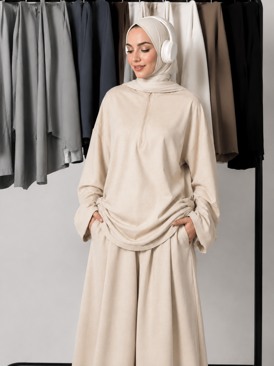 MH126 Modest Half-Zip Top and Maxi Skirt Set – Loose Casual Two Piece Outfit