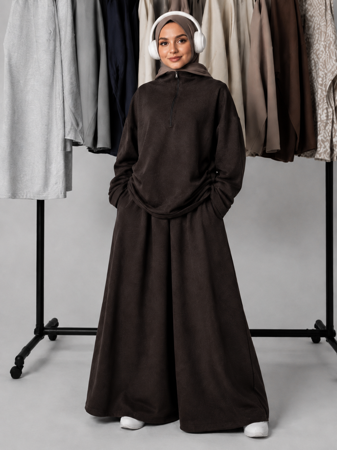 MH126 Modest Half-Zip Top and Maxi Skirt Set – Loose Casual Two Piece Outfit