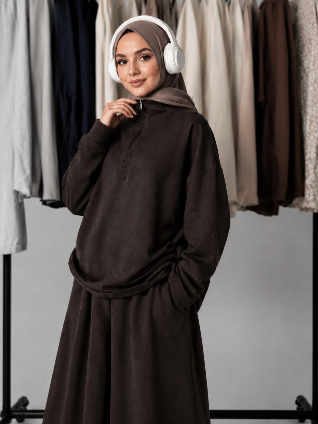 MH126 Modest Half-Zip Top and Maxi Skirt Set – Loose Casual Two Piece Outfit