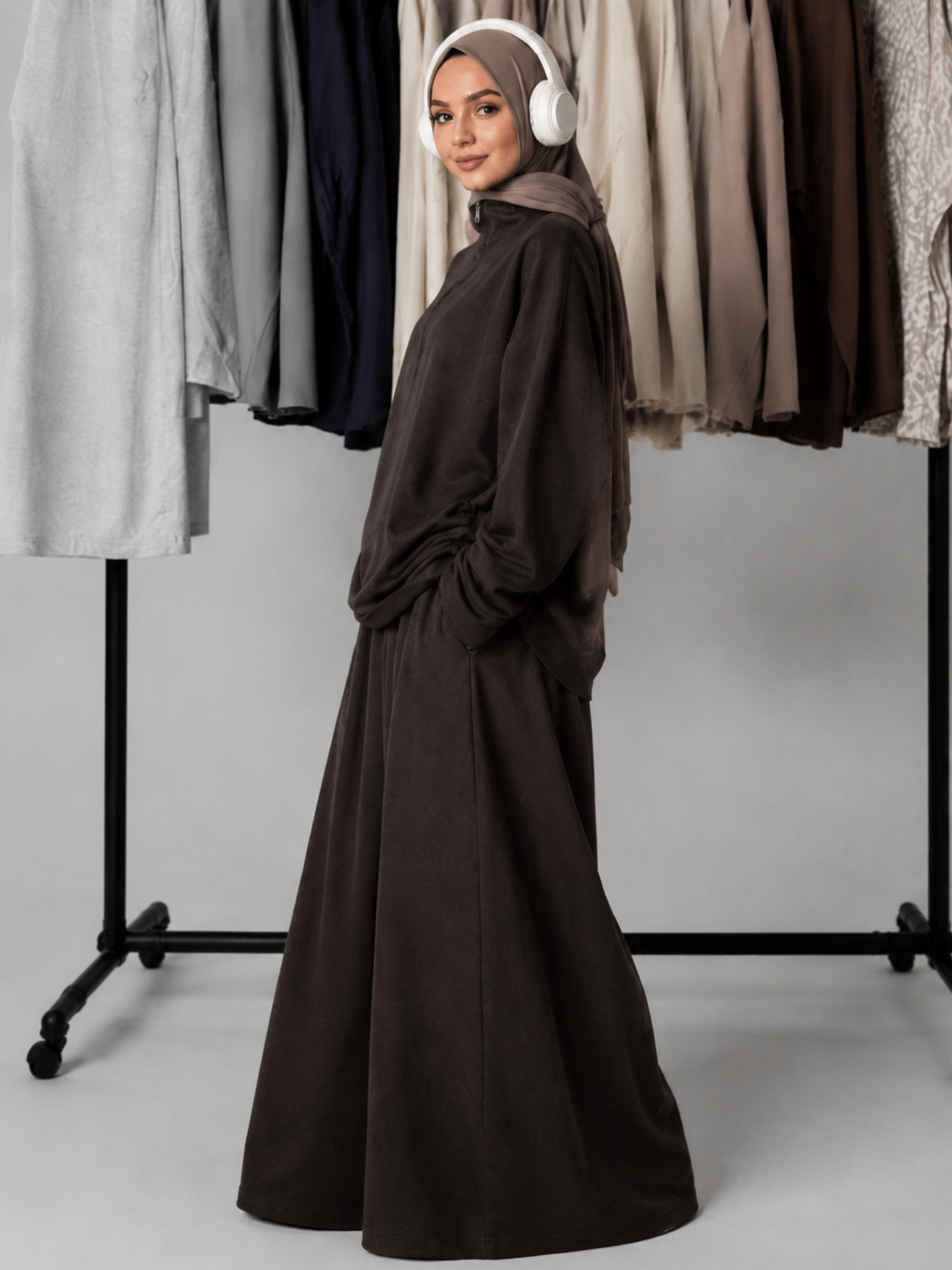 MH126 Modest Half-Zip Top and Maxi Skirt Set – Loose Casual Two Piece Outfit