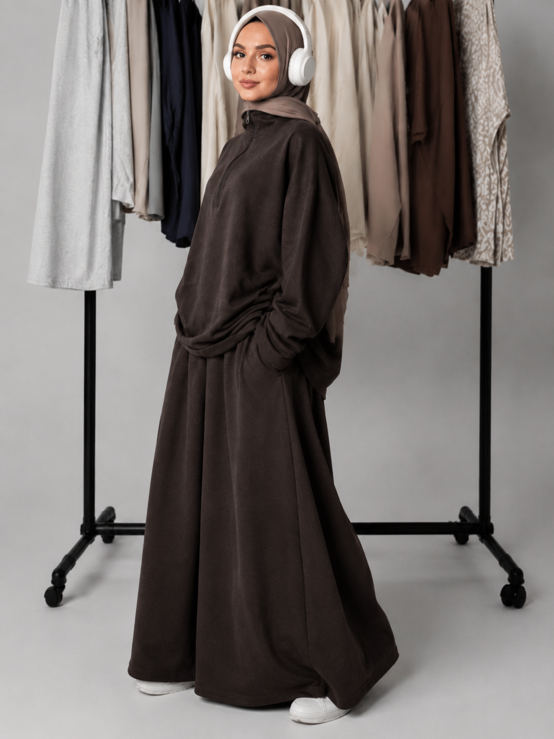 MH126 Modest Half-Zip Top and Maxi Skirt Set – Loose Casual Two Piece Outfit