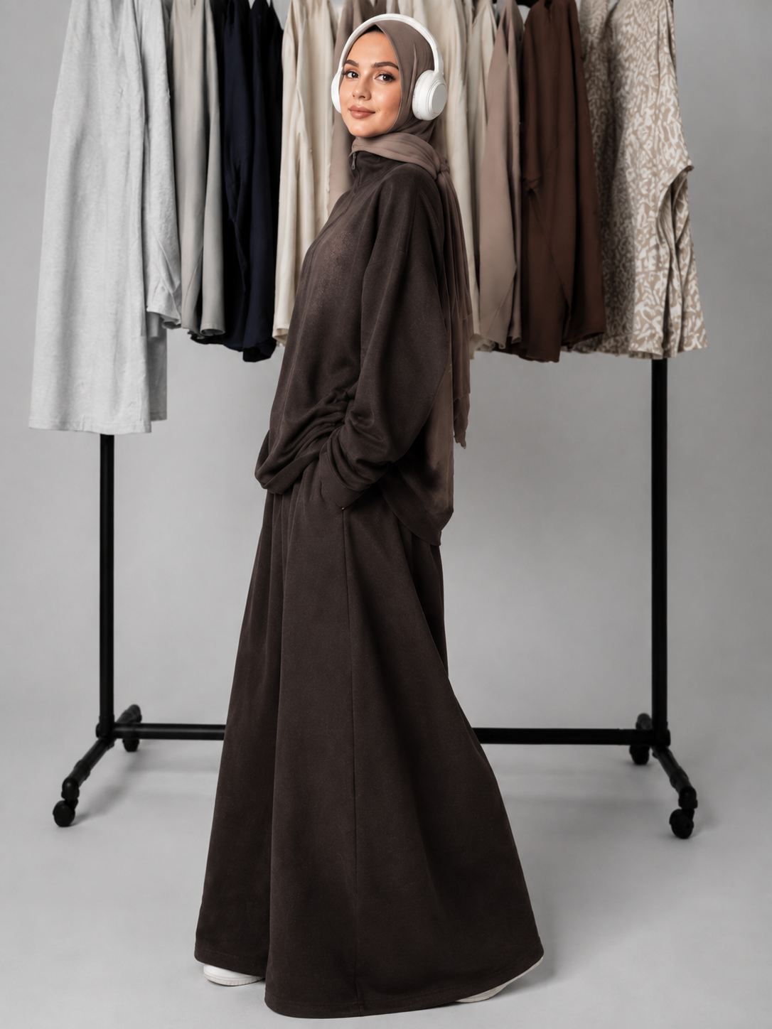 MH126 Modest Half-Zip Top and Maxi Skirt Set – Loose Casual Two Piece Outfit