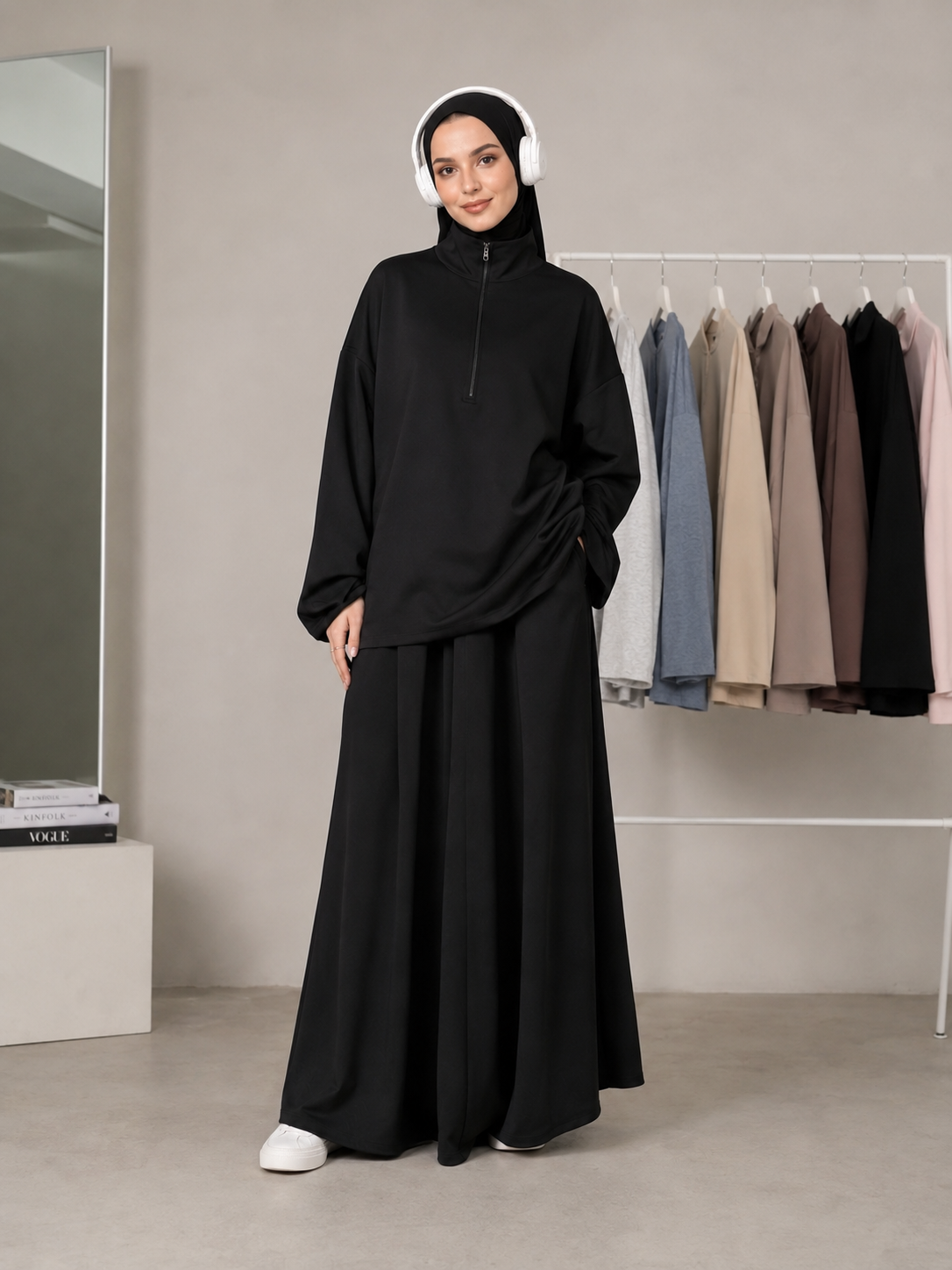 MH126 Modest Half-Zip Top and Maxi Skirt Set – Loose Casual Two Piece Outfit