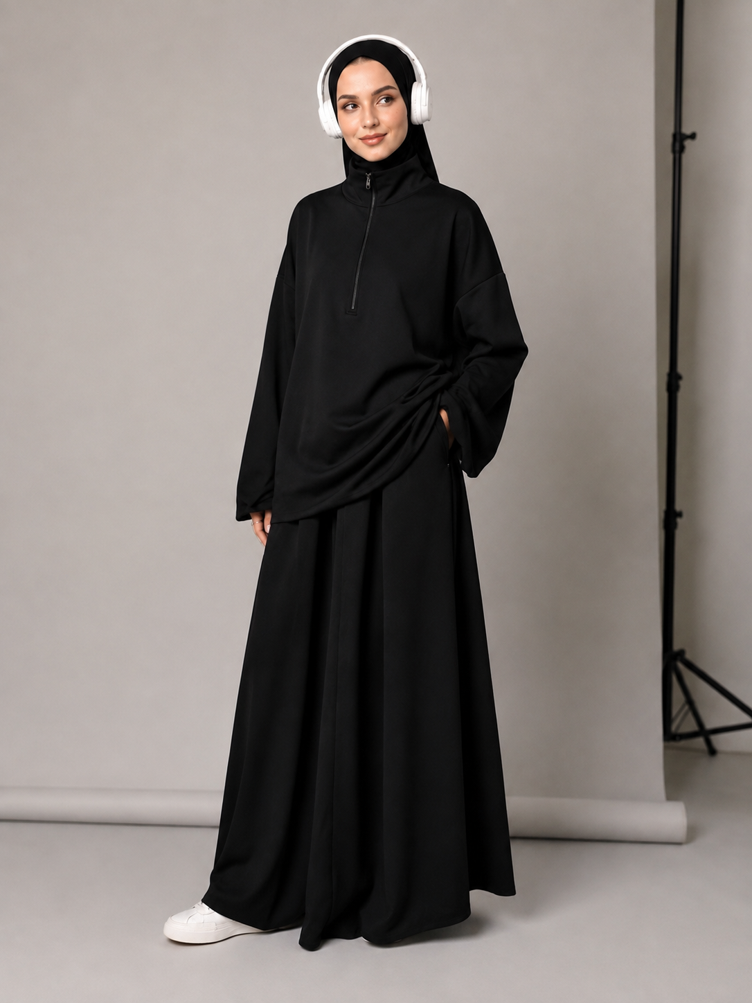MH126 Modest Half-Zip Top and Maxi Skirt Set – Loose Casual Two Piece Outfit