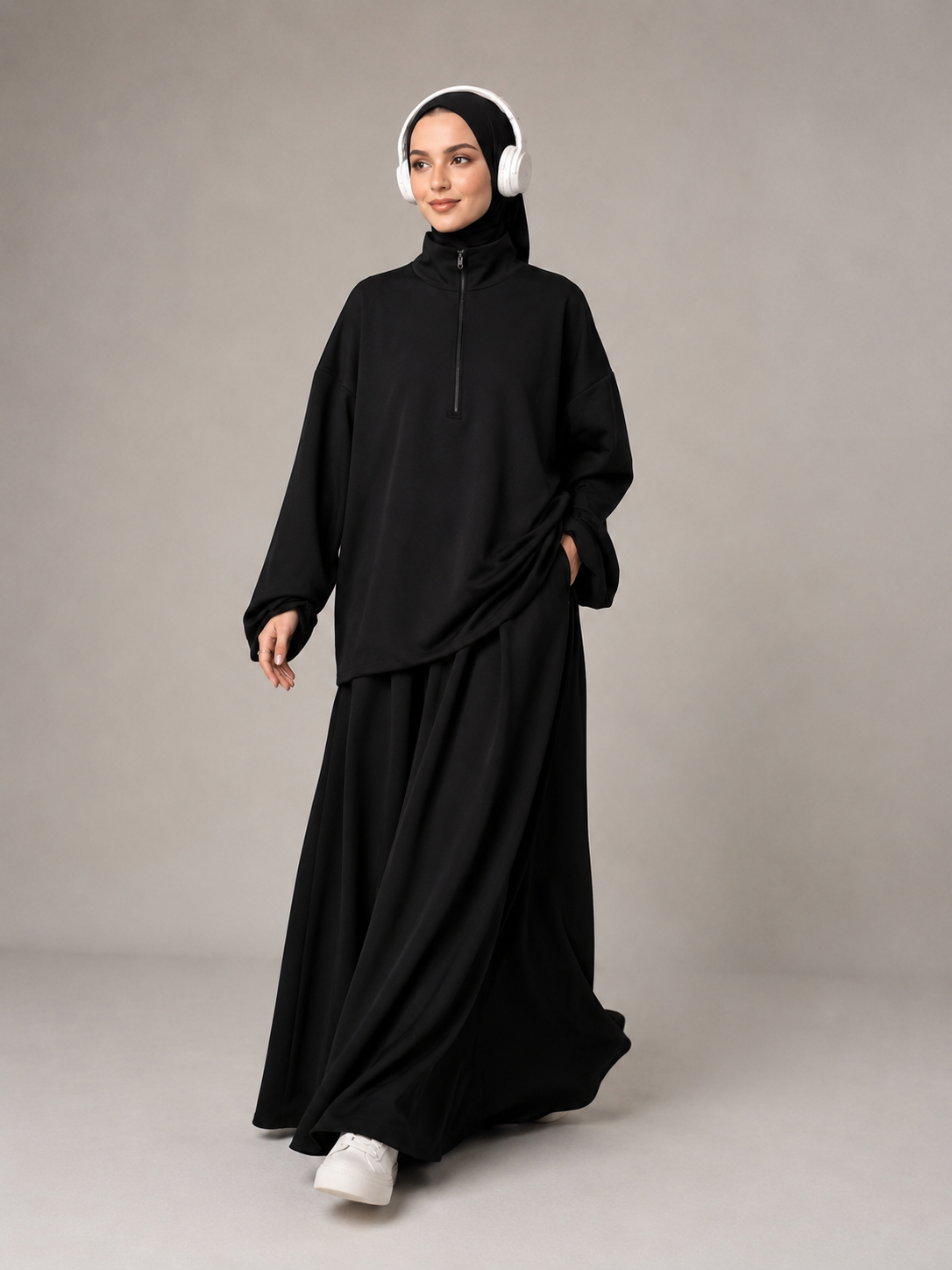 MH126 Modest Half-Zip Top and Maxi Skirt Set – Loose Casual Two Piece Outfit