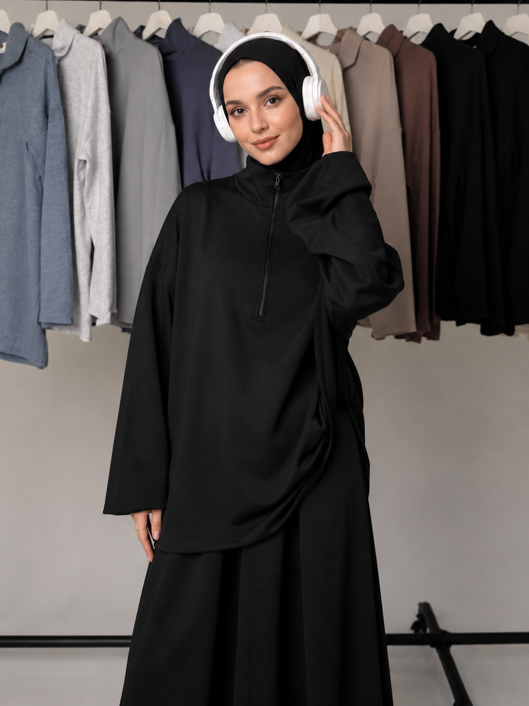 MH126 Modest Half-Zip Top and Maxi Skirt Set – Loose Casual Two Piece Outfit