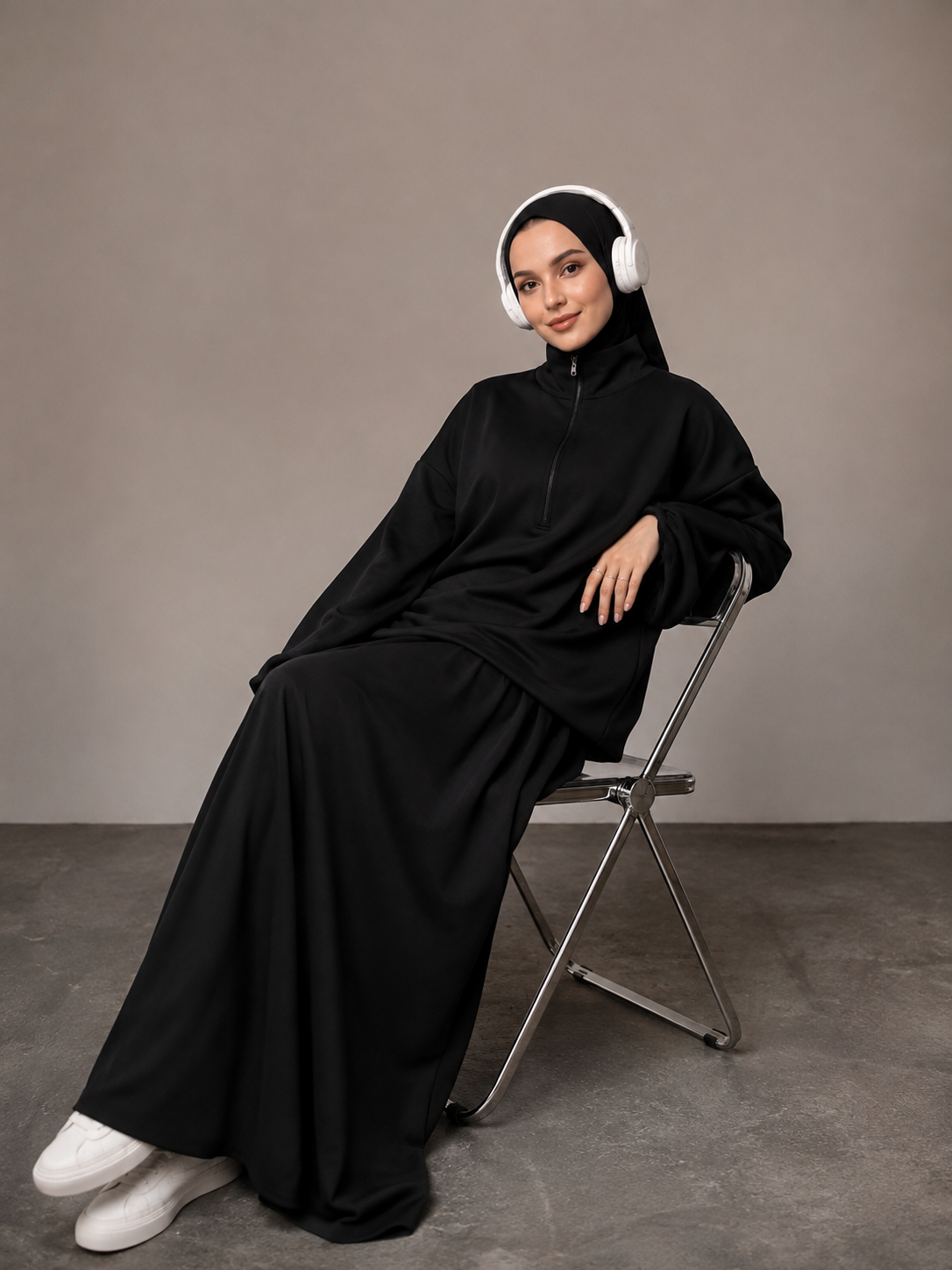 MH126 Modest Half-Zip Top and Maxi Skirt Set – Loose Casual Two Piece Outfit